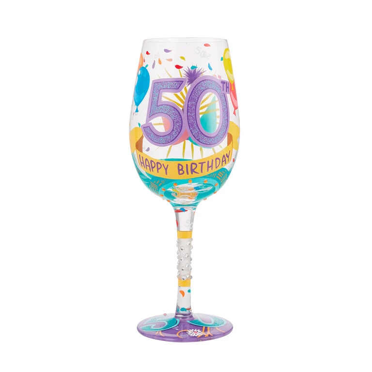 Lolita Happy 50th Birthday Handpainted Wine Glass, 15 Oz.